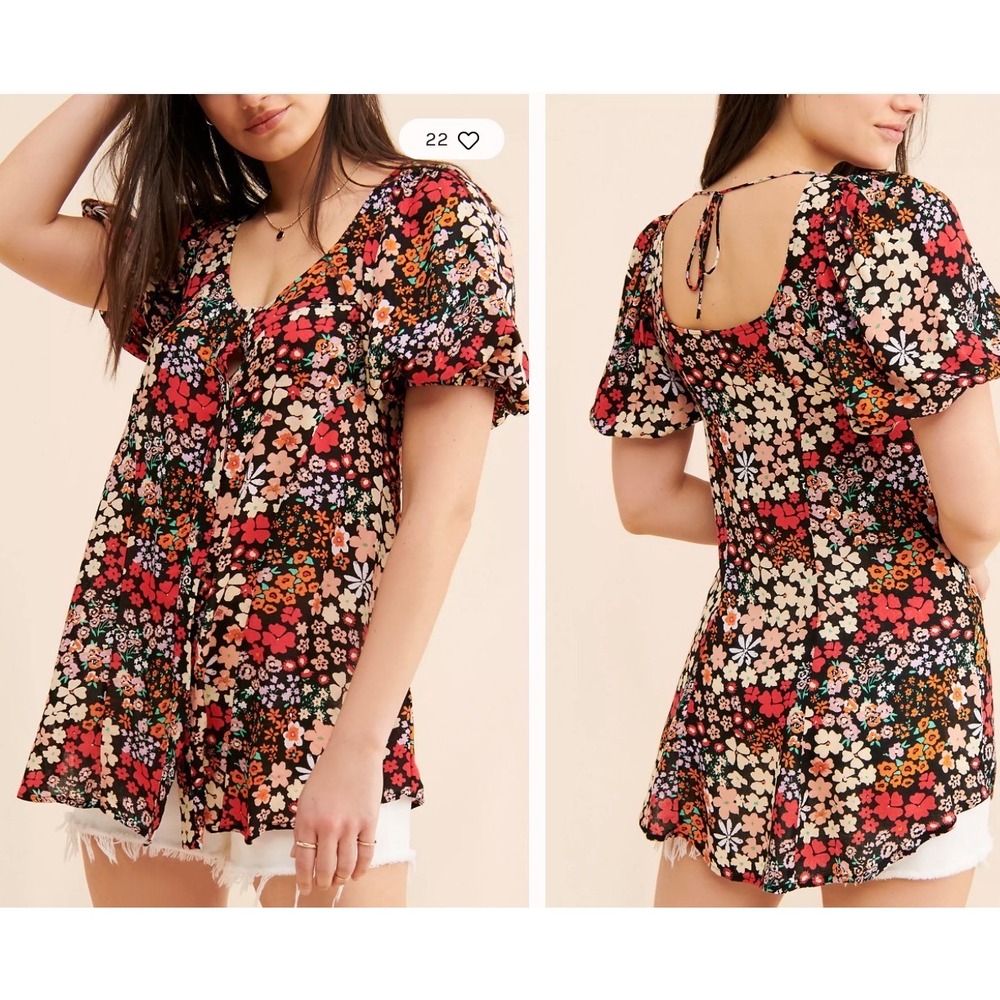 Free People Callie Printed Tunic Black Floral Print Puff Sleeve Tie Back Top Med